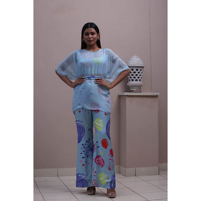 GAGAN VOHRA Carnation Coral Cape with Bustier and Pant - Blue