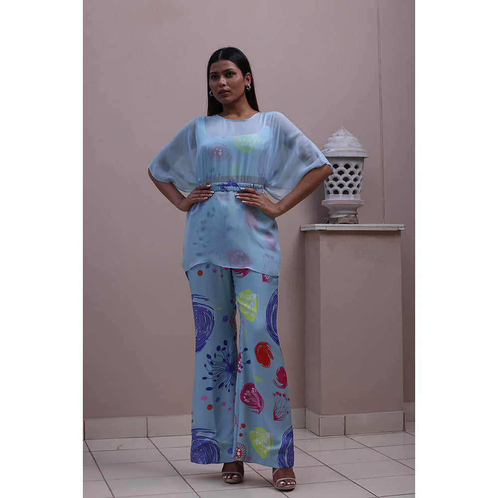 GAGAN VOHRA Carnation Coral Cape with Bustier and Pant - Blue