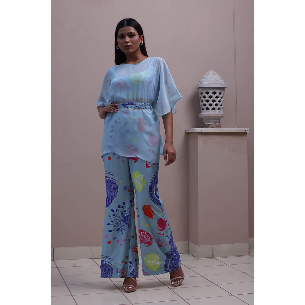 GAGAN VOHRA Carnation Coral Cape with Bustier and Pant - Blue