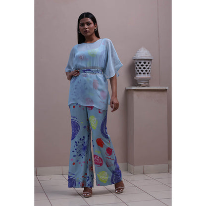 GAGAN VOHRA Carnation Coral Cape with Bustier and Pant - Blue