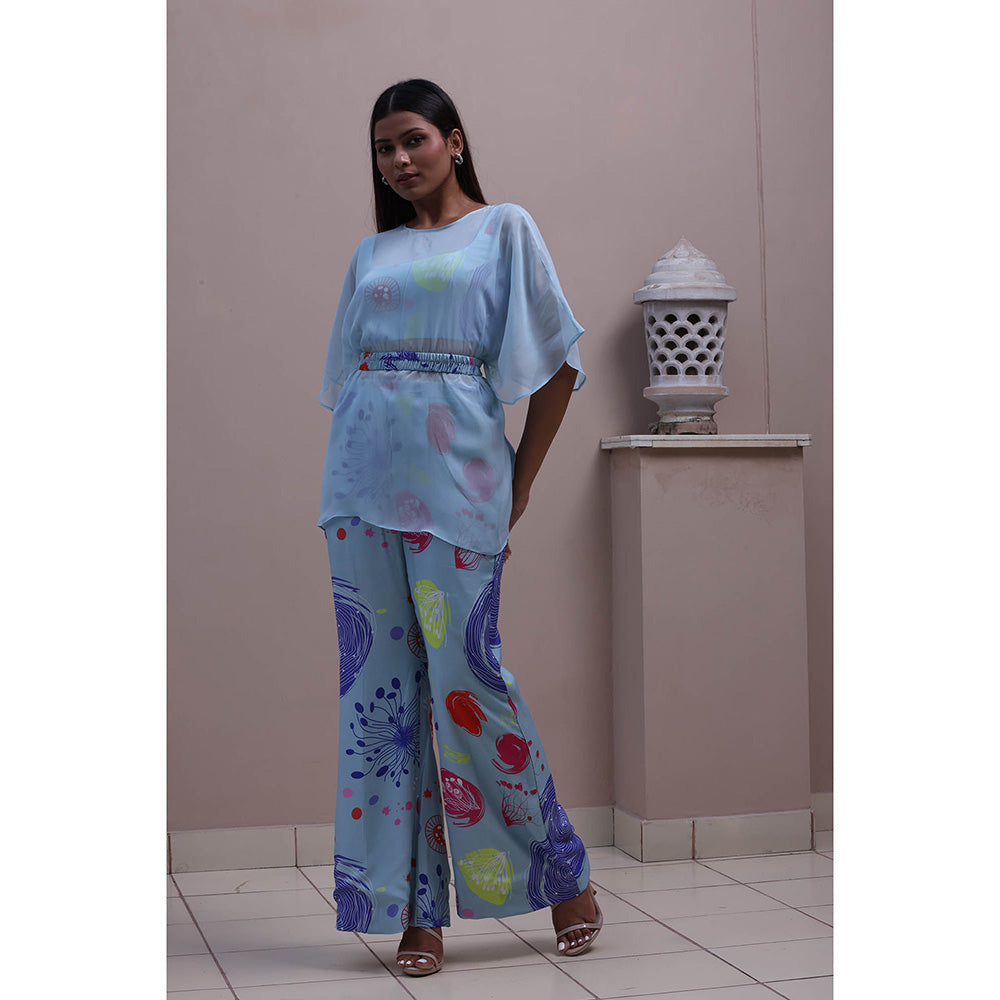 GAGAN VOHRA Carnation Coral Cape with Bustier and Pant - Blue