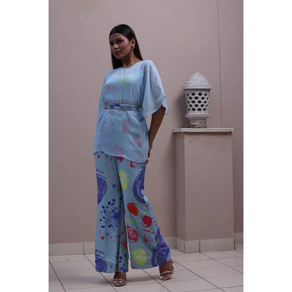 GAGAN VOHRA Carnation Coral Cape with Bustier and Pant - Blue