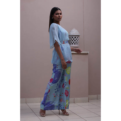 GAGAN VOHRA Carnation Coral Cape with Bustier and Pant - Blue