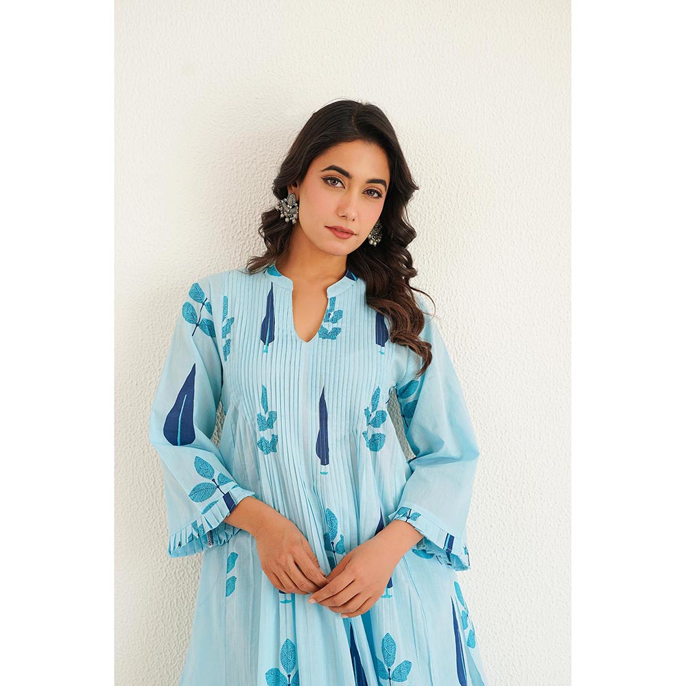 GANGA GRACE Blue Pintucks Buta Printed Cotton Co-Ord Set