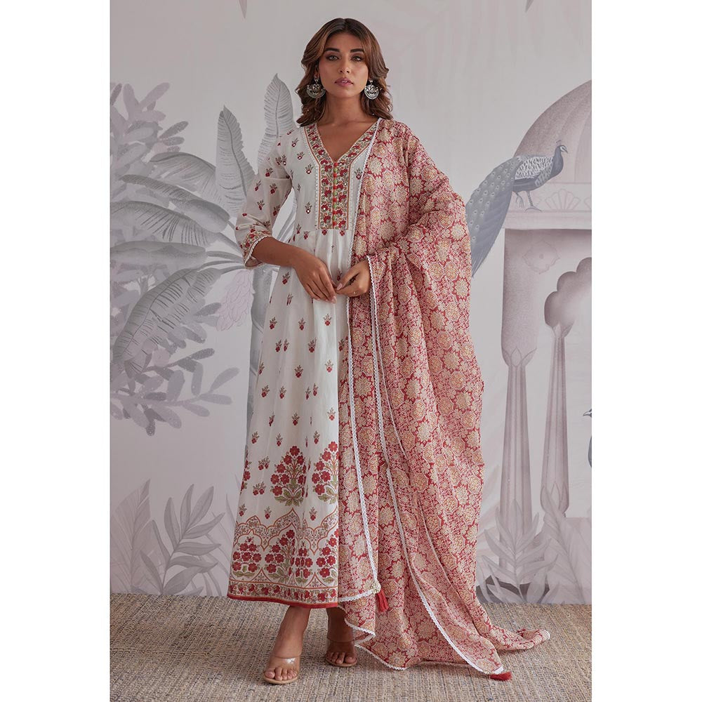 GANGA GRACE Maroon Floral Printed Cotton Anarkali with Dupatta