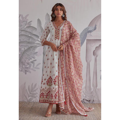 GANGA GRACE Maroon Floral Printed Cotton Anarkali with Dupatta