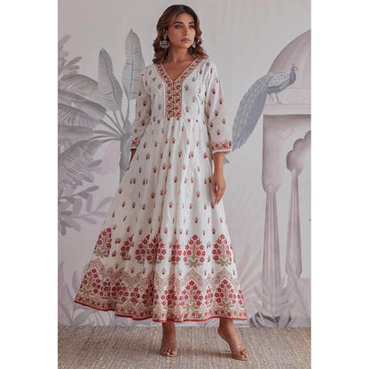 GANGA GRACE Maroon Floral Printed Cotton Anarkali with Dupatta