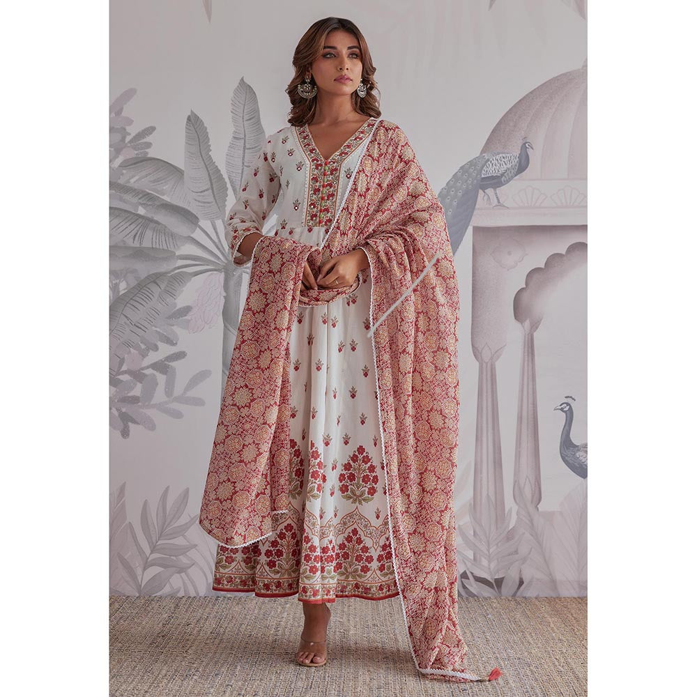 GANGA GRACE Maroon Floral Printed Cotton Anarkali with Dupatta