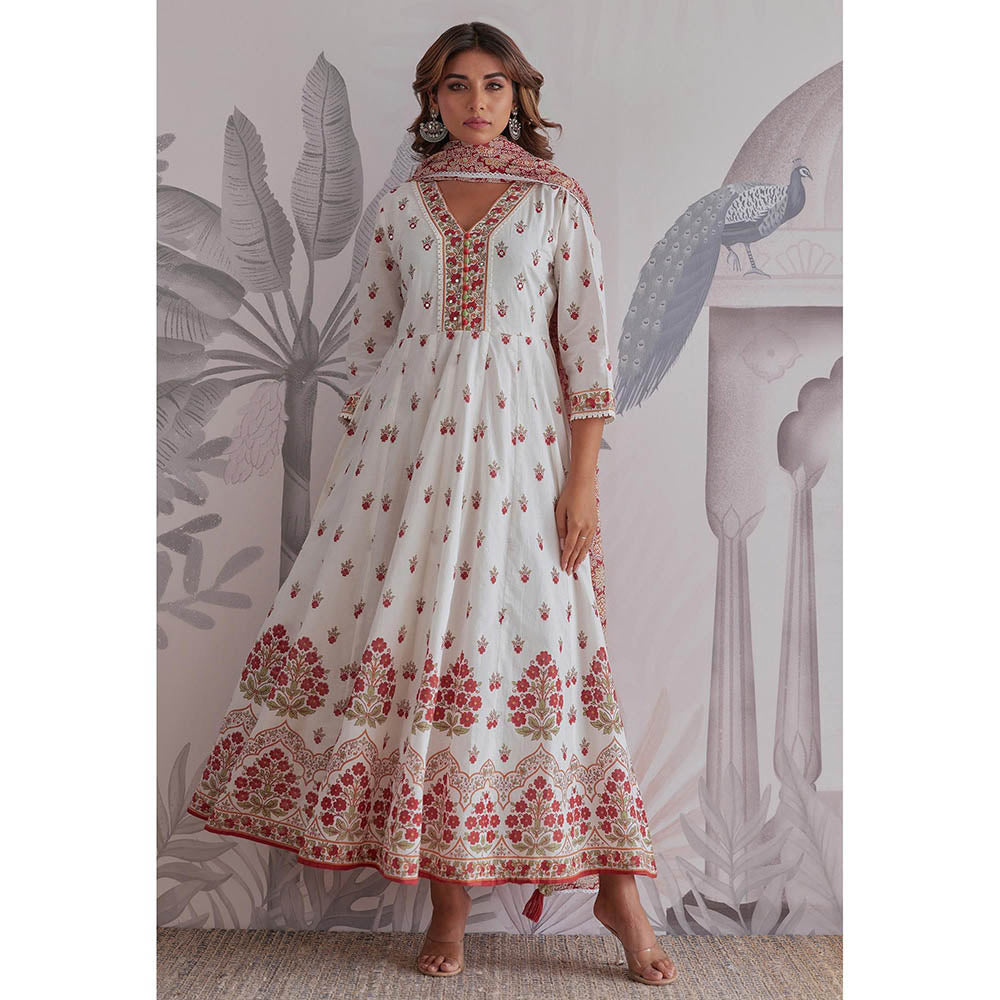 GANGA GRACE Maroon Floral Printed Cotton Anarkali with Dupatta