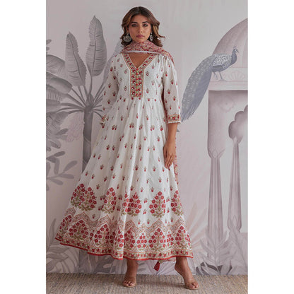 GANGA GRACE Maroon Floral Printed Cotton Anarkali with Dupatta