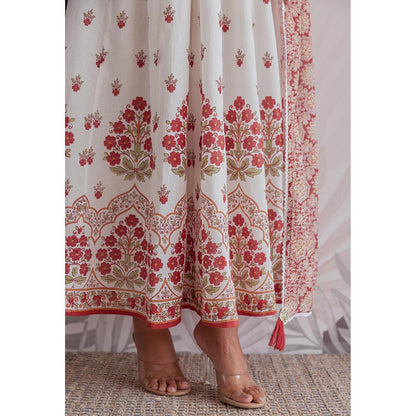 GANGA GRACE Maroon Floral Printed Cotton Anarkali with Dupatta