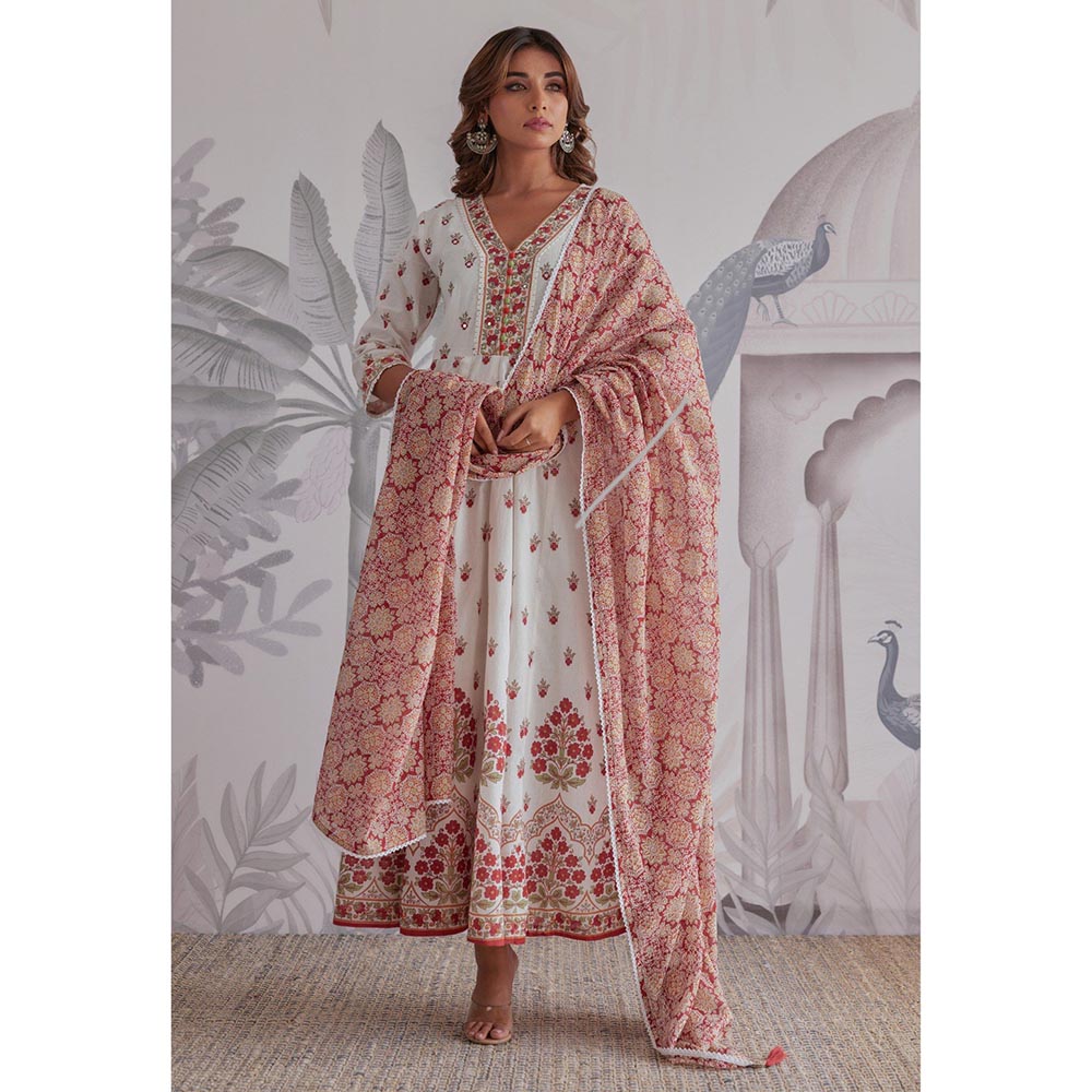 GANGA GRACE Maroon Floral Printed Cotton Anarkali with Dupatta