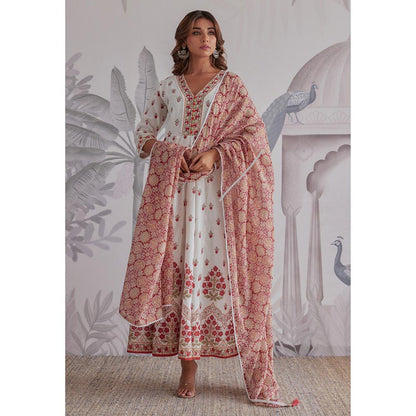 GANGA GRACE Maroon Floral Printed Cotton Anarkali with Dupatta