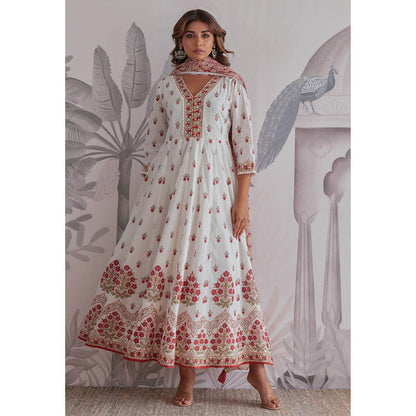 GANGA GRACE Maroon Floral Printed Cotton Anarkali with Dupatta