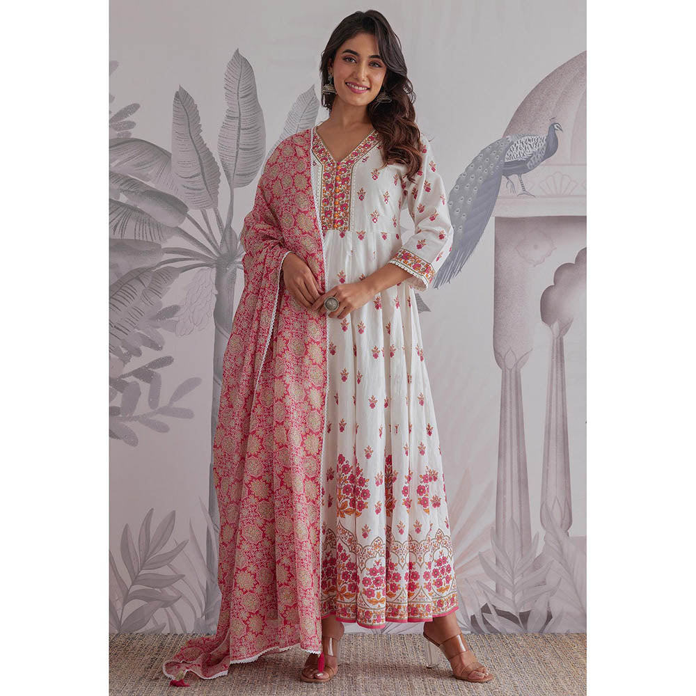 GANGA GRACE Pink Floral Printed Cotton Anarkali with Dupatta