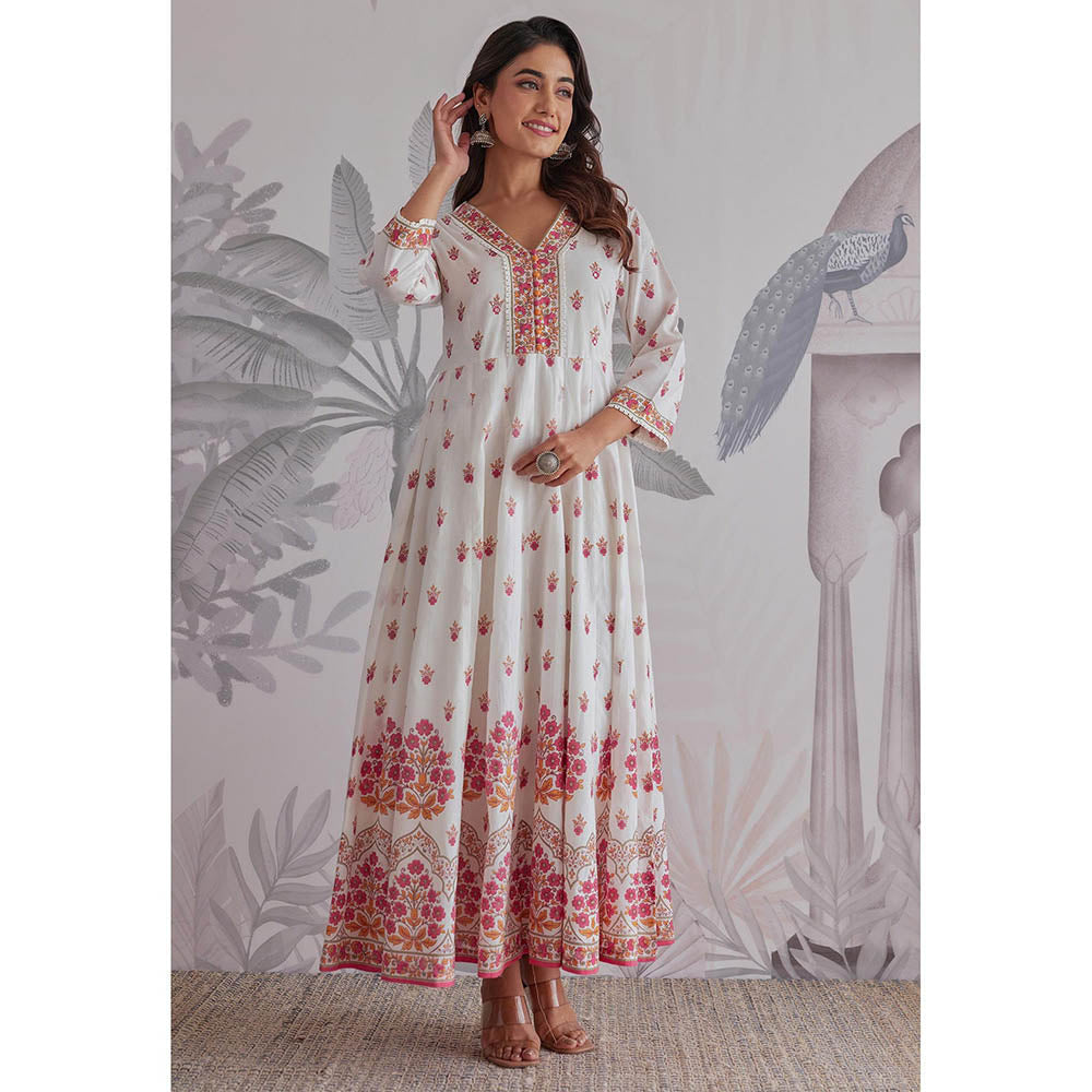 GANGA GRACE Pink Floral Printed Cotton Anarkali with Dupatta
