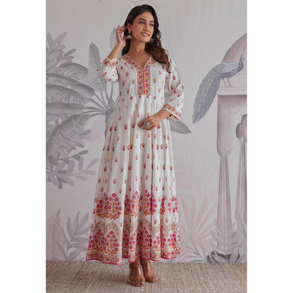 GANGA GRACE Pink Floral Printed Cotton Anarkali with Dupatta