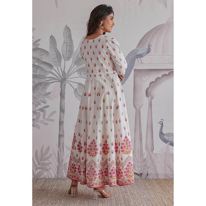 GANGA GRACE Pink Floral Printed Cotton Anarkali with Dupatta