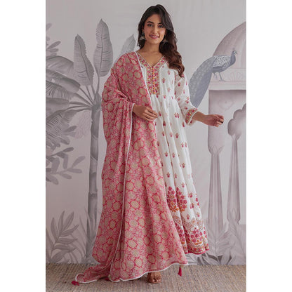 GANGA GRACE Pink Floral Printed Cotton Anarkali with Dupatta