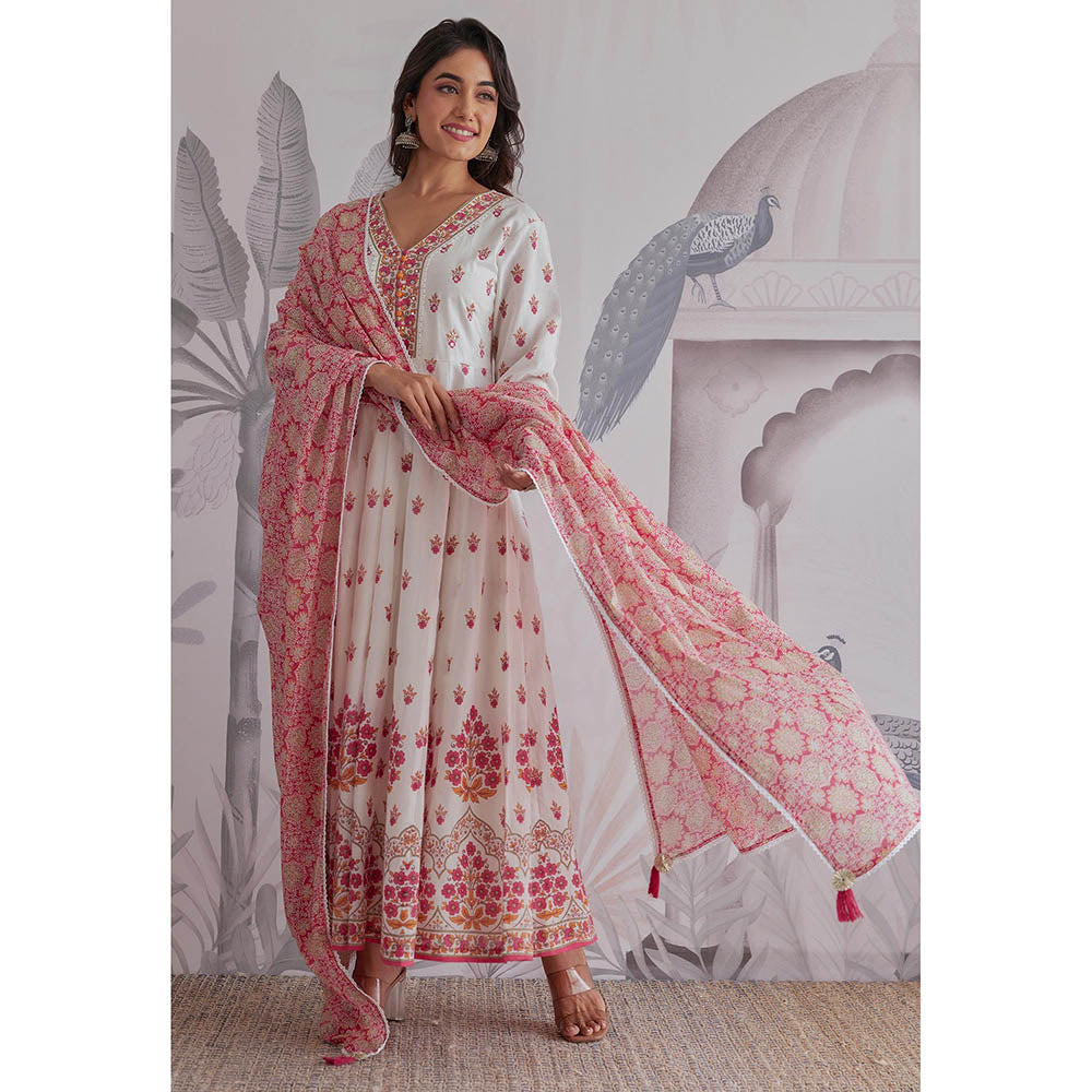 GANGA GRACE Pink Floral Printed Cotton Anarkali with Dupatta