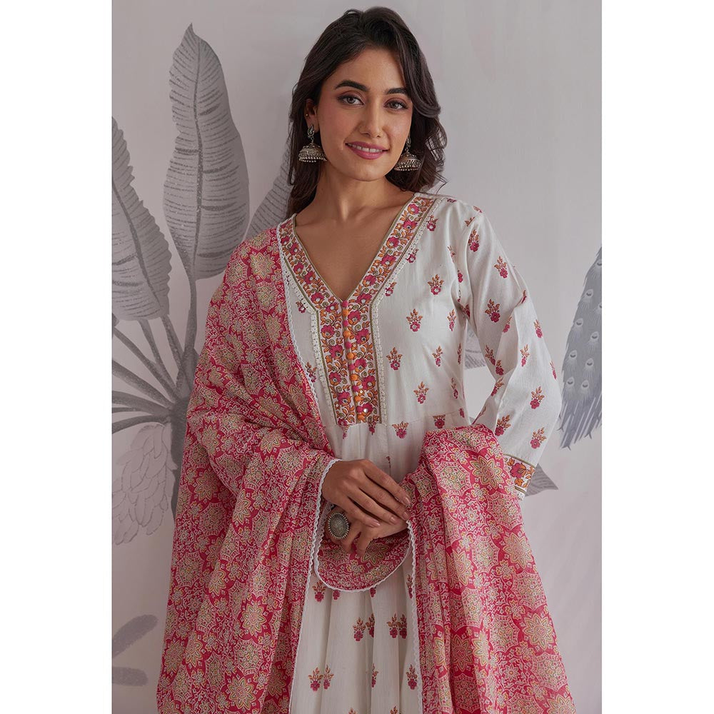 GANGA GRACE Pink Floral Printed Cotton Anarkali with Dupatta