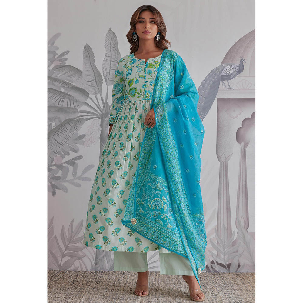 GANGA GRACE Aqua Floral Printed Cotton Anarkali with Pant and Dupatta