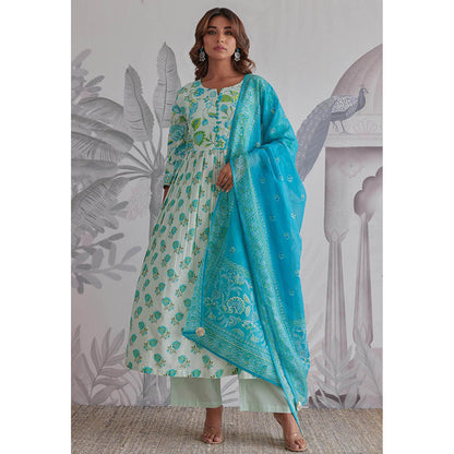 GANGA GRACE Aqua Floral Printed Cotton Anarkali with Pant and Dupatta