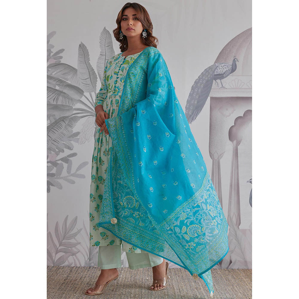 GANGA GRACE Aqua Floral Printed Cotton Anarkali with Pant and Dupatta
