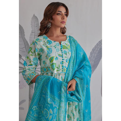 GANGA GRACE Aqua Floral Printed Cotton Anarkali with Pant and Dupatta