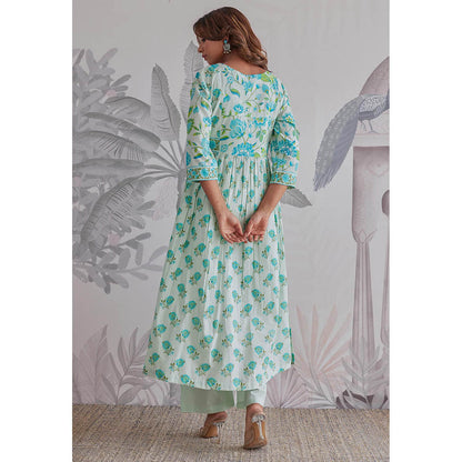GANGA GRACE Aqua Floral Printed Cotton Anarkali with Pant and Dupatta