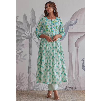 GANGA GRACE Aqua Floral Printed Cotton Anarkali with Pant and Dupatta