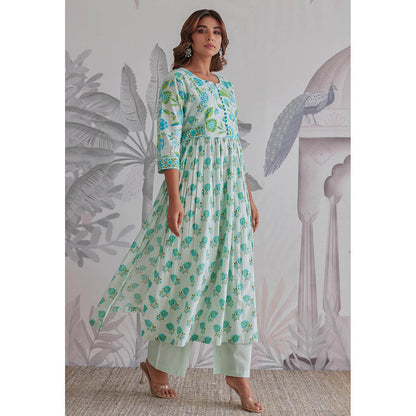 GANGA GRACE Aqua Floral Printed Cotton Anarkali with Pant and Dupatta
