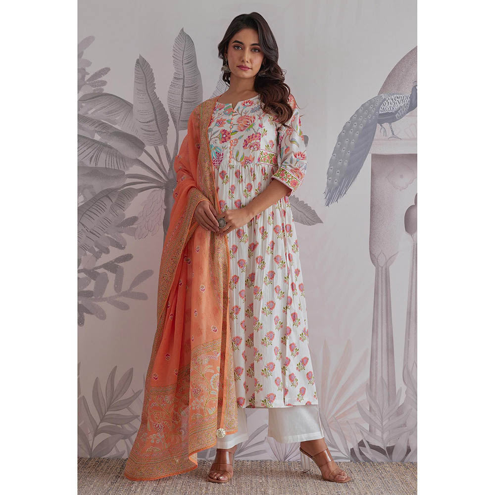 GANGA GRACE White Floral Printed Cotton Anarkali with Pant and Dupatta