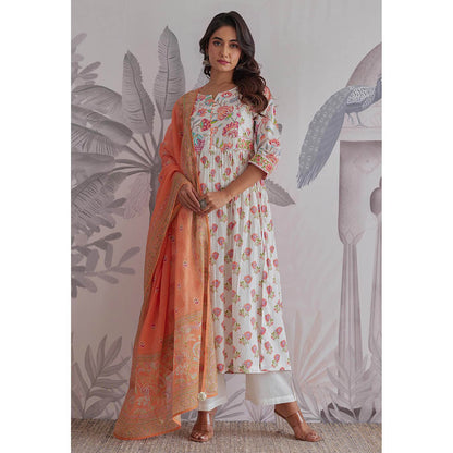 GANGA GRACE White Floral Printed Cotton Anarkali with Pant and Dupatta