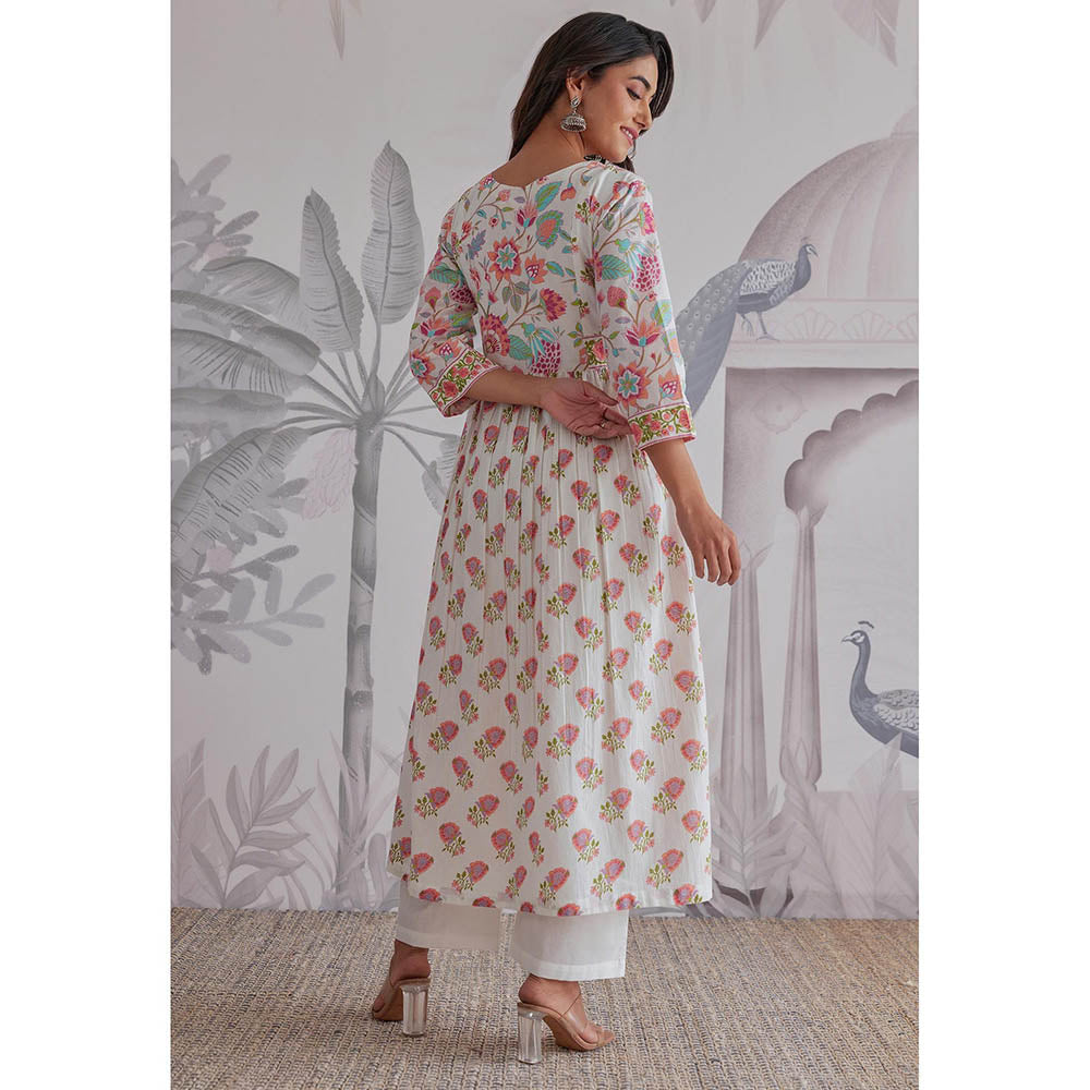 GANGA GRACE White Floral Printed Cotton Anarkali with Pant and Dupatta