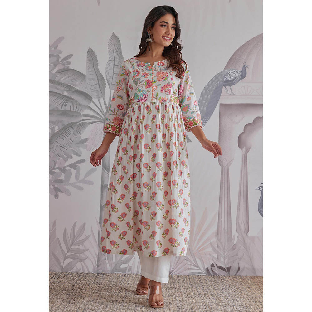 GANGA GRACE White Floral Printed Cotton Anarkali with Pant and Dupatta