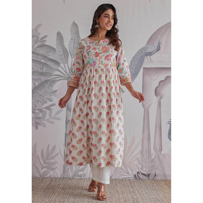 GANGA GRACE White Floral Printed Cotton Anarkali with Pant and Dupatta