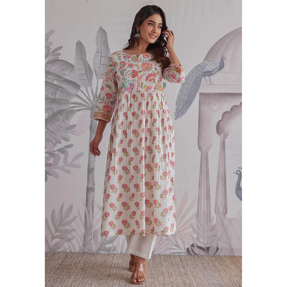 GANGA GRACE White Floral Printed Cotton Anarkali with Pant and Dupatta