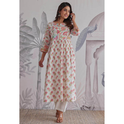 GANGA GRACE White Floral Printed Cotton Anarkali with Pant and Dupatta
