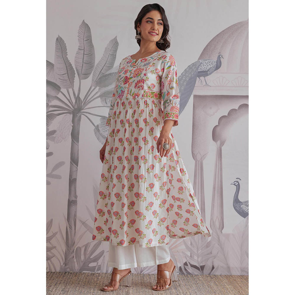 GANGA GRACE White Floral Printed Cotton Anarkali with Pant and Dupatta