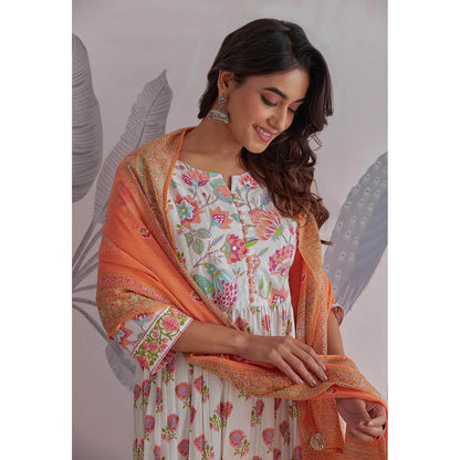 GANGA GRACE White Floral Printed Cotton Anarkali with Pant and Dupatta