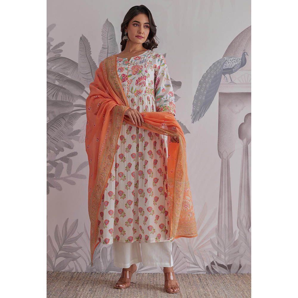 GANGA GRACE White Floral Printed Cotton Anarkali with Pant and Dupatta