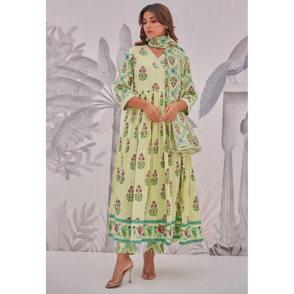 GANGA GRACE Green Floral Printed Cotton Anarkali with Pant and Dupatta