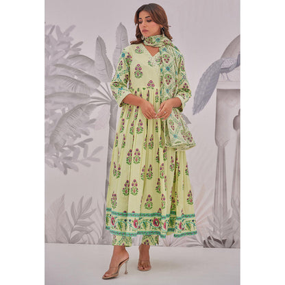 GANGA GRACE Green Floral Printed Cotton Anarkali with Pant and Dupatta