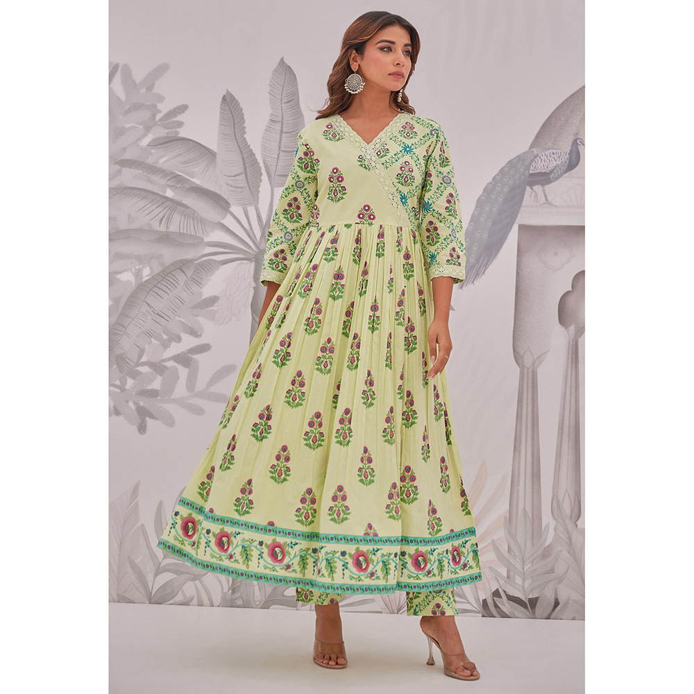 GANGA GRACE Green Floral Printed Cotton Anarkali with Pant and Dupatta