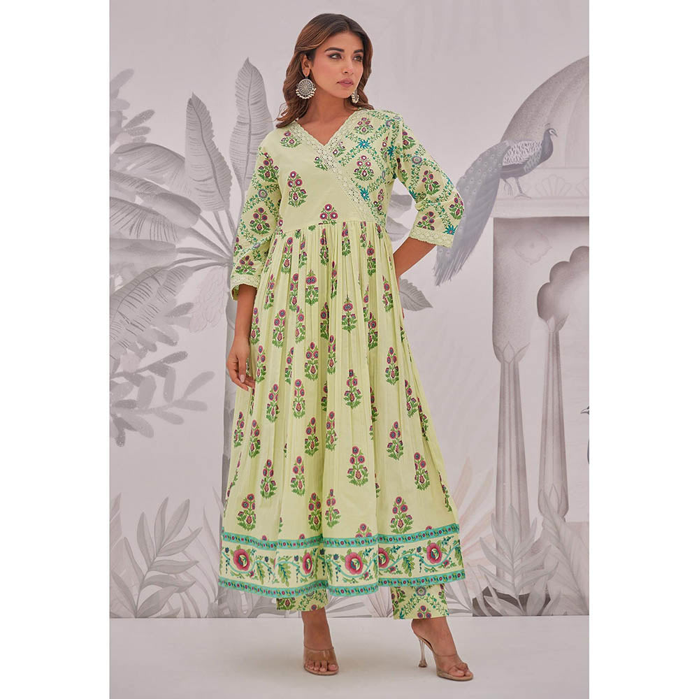 GANGA GRACE Green Floral Printed Cotton Anarkali with Pant and Dupatta