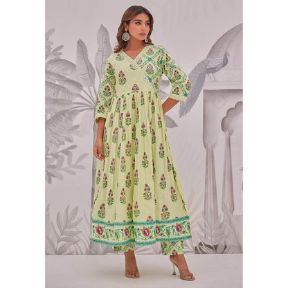 GANGA GRACE Green Floral Printed Cotton Anarkali with Pant and Dupatta