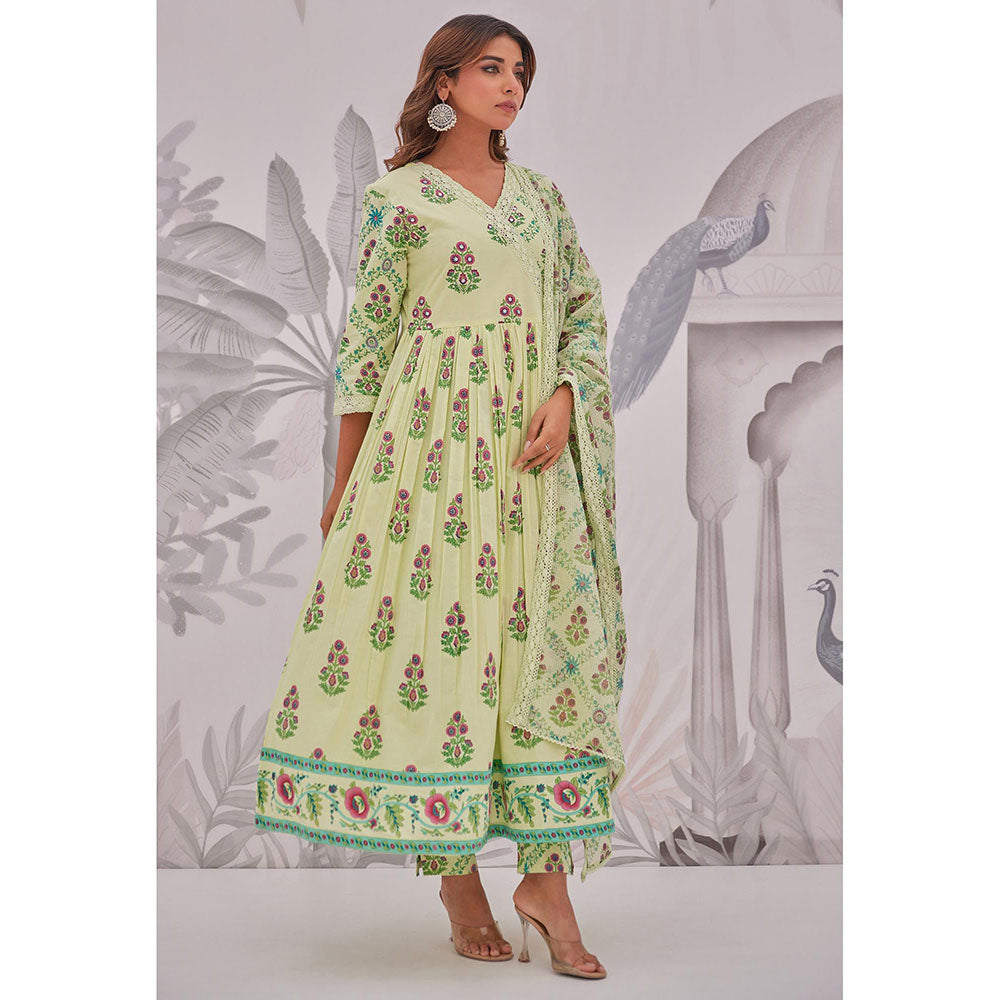 GANGA GRACE Green Floral Printed Cotton Anarkali with Pant and Dupatta