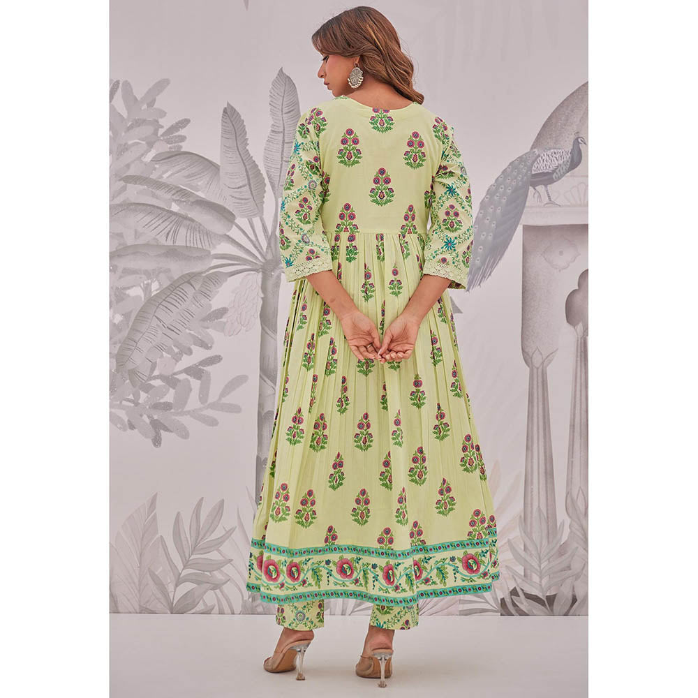 GANGA GRACE Green Floral Printed Cotton Anarkali with Pant and Dupatta