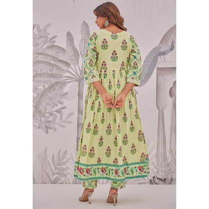 GANGA GRACE Green Floral Printed Cotton Anarkali with Pant and Dupatta